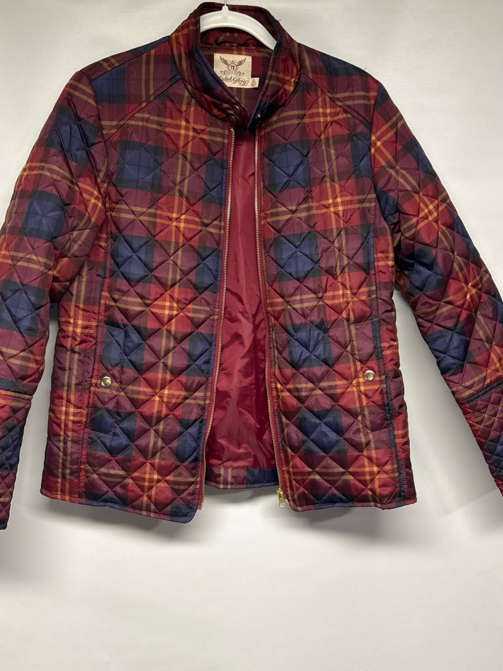Faded Glory Quilted Plaid Puffer Jacket in Burgundy, Navy and Gold